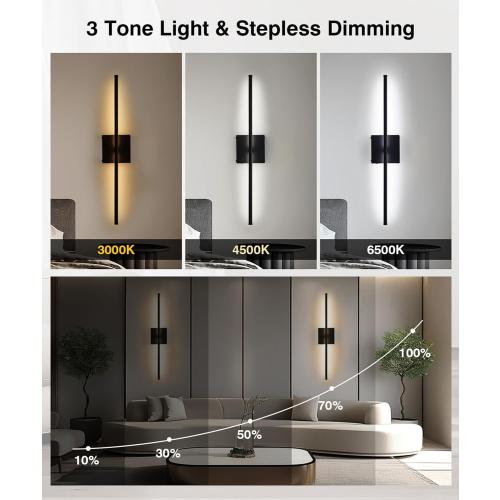 Battery Operated Wall Sconce with Remote Control,Wall Sconces Set of Two,3000K-6500K LED Wireless Wall Light for Bedroom, Hallway, Background Wall, 350°Rotate,26.6 Inch, Black(2 Pack)