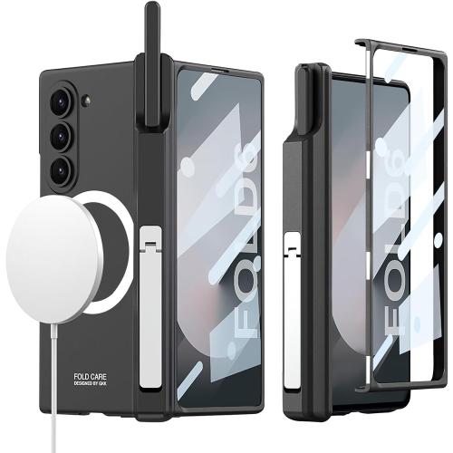 for Samsung Galaxy Z Fold 6 Case with S Pen Holder & Hinge Protection & Kickstand, Z Fold6 Compatible with Magsafe Wireless Charging Built-in Screen Protector All-Inclusive Case (Black)
