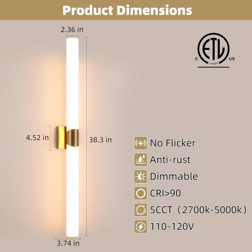 Modern Wall Sconce 39 Ihch Gold Bathroom Sconces LED Wall Lighting Fixtures with Acrylic Shade Hardwired Long Vanity Lights Over Mirror for Bedroom Living Room Hallway