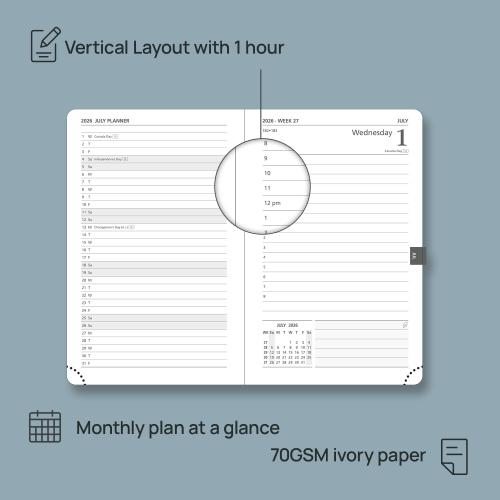 POPRUN 2026 Daily Planner One Page Per Day A6 Size Calendar (4.25 x 6.25) - 12 Months Hourly Appointment Book with Hardcover, Monthly Tabs, Pocket, Pen Holder - Light Pink
