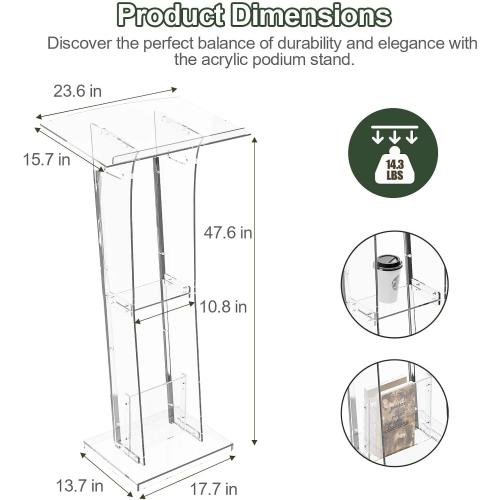 Size 48  Acrylic Clear Lecterns Podium Stand, 48 Inch - Pulpits with Storage Shelf for Churches, Conference, Speeches, Weddings, Classrooms, Professional Presentation Podiums (Transparent)