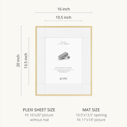 16x20 Frames Shiny Brushed Aluminum, 16 x 20 Picture Frame Gold Metal Photo Frame Mat to 11x14 Poster Frames for Art Gallery Wall Tabletop Decor