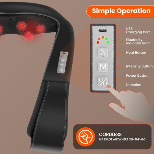 AMZPONY® Cordless Neck Massager for Pain Relief Deep Tissue, Rechargeable Shiatsu Neck and Back Massager with Heat Kneading Shoulder Massage for Body Muscle Pain Relief,Gifts for Dad Mom Friends