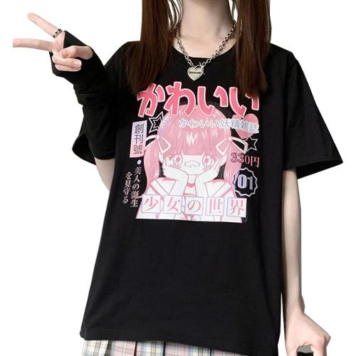Size 2XL Pastel Goth Japanese Fashion Kawaii Clothes Soft Cotton Comic Print Girl's World T-Shirt