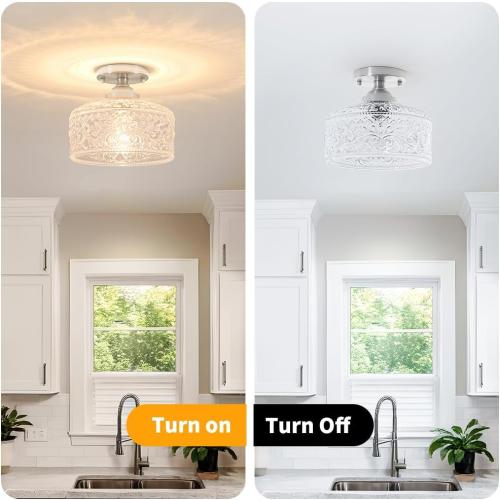 Brushed Nickel Semi Flush Mount Ceiling Light, Antique Ceiling Light with Glass, Indoor Close to Ceiling Light Fixture, Entryway Light Fixtures, Overhead Lighting Fixture for Hallway Kitchen Bedroom