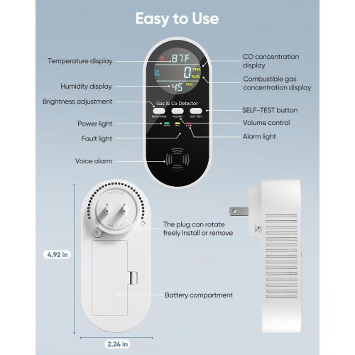 5-in-1 Carbon Monoxide Detectors, Natural Gas Leak Detector, Plug-in & Battery Backup Portable Co Detector, Co Gas Temp Humidity Sensor, HD Display Screen Vilfet, 1-Pcs, Black