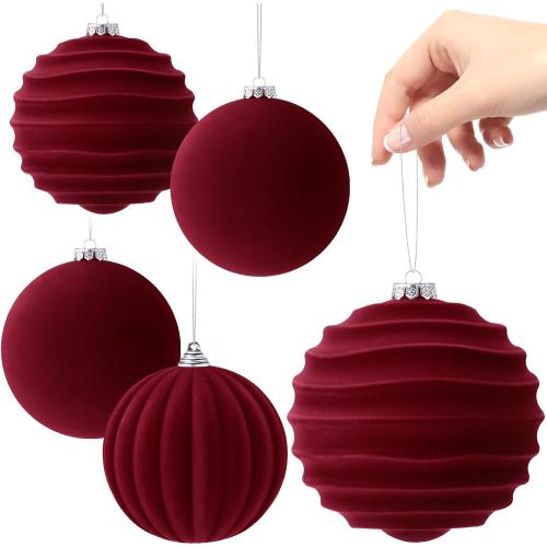 Syhood 4 Pcs 6 Inch Velvet Christmas Balls Large Velvet Ornaments Balls Xmas Tree Decorations Hanging Flocked Ornaments for Christmas Tree Home Garland Holiday Party Decor (Burgundy)