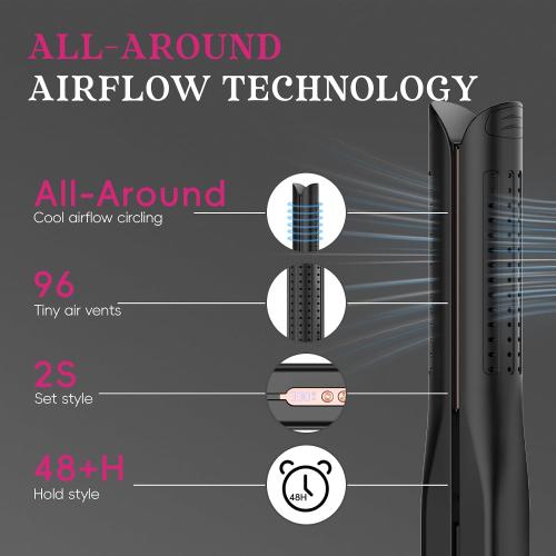 Cool Airflow Styler, Titanium Flat Iron Hair Straightener, Professional Curling Iron with Cooling Air Vents to Lock in Style, 5 Temps & Dual Voltage, Auto Off(Black & Coral).