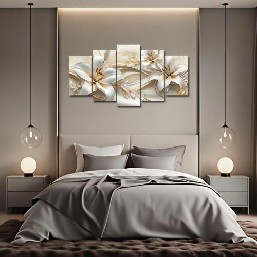 LZIMU 5Pcs Large White Gold Flower Wall Art Abstract Lily Floral Picture Elegant Blooming Canvas Print Modern Beige Painting Living Room Bedroom Decor (Gold, (8x14inx2 8x18inx2 8x22inx1))