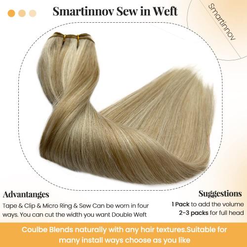 Sew in Extensions Human Hair 24Inch 120Grams Blonde Highlights Hand Tied Weft Hair Extensions Light Brown Mix Platinum Blonde Straight Weft Hair Extensions Real Human Hair Double Weft Sew in Bundles