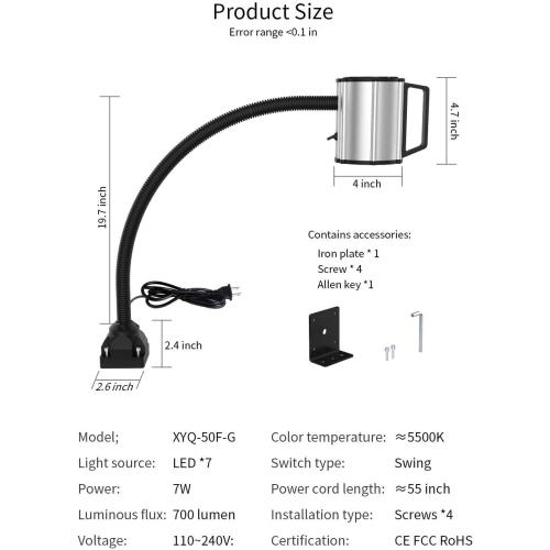 Work Desk Light, Machine Work Light, LED Flexible Gooseneck Light 700 Lumens IP66 Water and Dust Resistant 110-240 Volt Universal Fixed Base Work Light for Machine Tool and Lathe Industrial Lighting