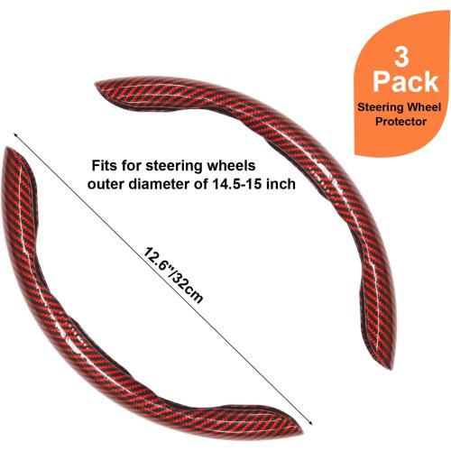 3pcs Carbon Fiber Steering Wheel Cover - Snap on 15 Inch Anti-Slip Car Steering Wheel Protector, Universal Car Interior Accessories (Red)