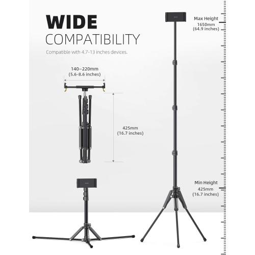 Lamicall Tablet Floor Tripod Stand - 64.9 Tablet Holder Mount with Adjustable Height for Stream/Watching with Bluetooth Remote, Gifts for iPad Pro 12.9/11 Mini, Air, iPhone, 4.7-13 Devices