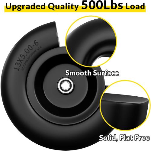 13x5.00-6 Flat Free Lawn Mower Tire and Wheel, 13x5x6 Solid Front Tires for Zero Turn Mower, 500Lbs Load, 3/4, 5/8 and 1/2 Bearings, 4.33-6.73 Hub Spacers, 2Pack Black, TRK-TIR-1356FFBK