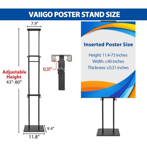 2Pack Poster Stand for Display, Heavy Duty Floor Standing Sign Holder, Double-Sided Poster Board Stand, Adjustable Height Up to 80 inch, Outdoor Banner Stand for Board & Foam Display, Black