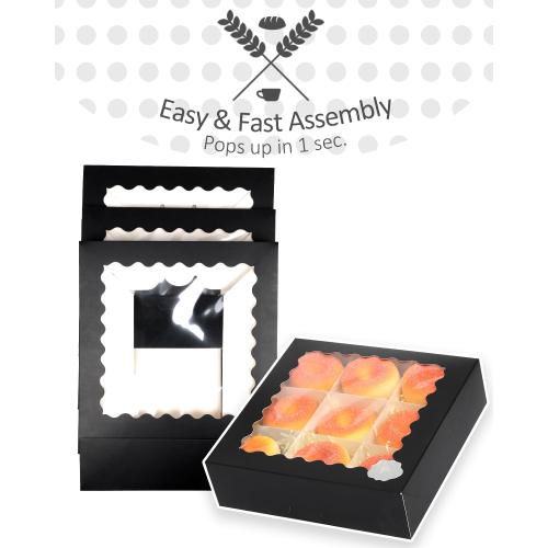 qiqee 8x8x2.5 Inch Black Pastry Box With Window Donut Pie Boxes 12pcs Bakery Box (Auto-pop Up)