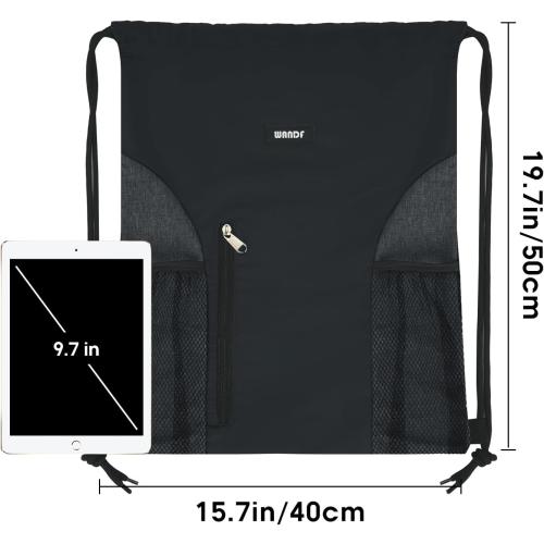 WANDF Drawstring Backpack Sports Gym Sackpack with Mesh Pockets Water Resistant String Bag for Women Men(Black)