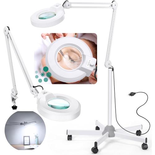 10X Magnifying Glass with Light and Stand, Floor Lamp with 5 Wheels Rolling Base for Lash Estheticians Facials, 1,500 Lumens Stepless Dimmable, LED Lighted Standing Magnifier for Sewing Crafts