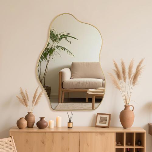 BOMINICA Irregular Wall Mirror Asymmetrical Mirror, Decorative Wall Mirror Golden Wood Framed, Wall Mounted Mirror for Bathroom Living Room Entryway Bedroom Hallway (Gold, 24 x 36)