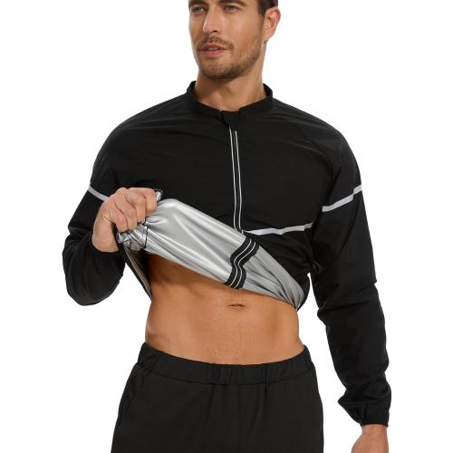 Size L ... Sauna Suit for Men Sweat - Long Sleeve Shirt Jacket Workout Body Shaper Zipper Top Slimming Fitness Trainer Gym
