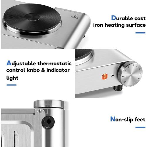 CUSIMAX Electric Hot Plate, 1800W Double Burner, Cast Iron Countertop Stove | Hot Plates for Cooking, Portable Countertop Cooktop, Works with All Cookware, Stainless Steel, Easy Cleanup,Upgraded Version