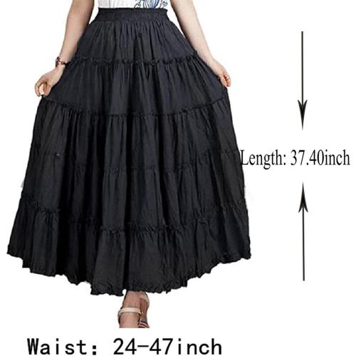 Saukiee Women's Bohemian Elastic Waist Long Skirt Cotton Circle Ruffle Broomstick Peasant Maxi Tiered Skirts