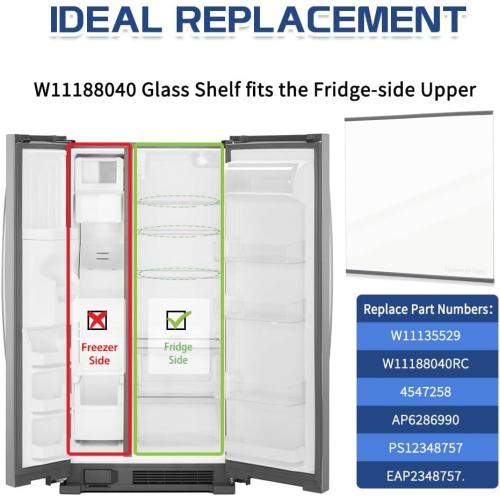 [Upgraded] W11188040 Refrigerator Fresh Food Glass Shelf (Upper) fit for Whirlpool/Maytag Refrigerators, Replaces W11135529, 4547258, AP6286990, PS12348757 (1 Pack)