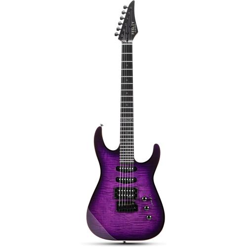 Fesley Electric Guitar, Full Size Solid Body Electric Guitar Beginner Kit, 6 String Guitar with HSS Pickups &24 Frets, Poplar Body Flame Maple Top Maple Neck With Gig Bag, Cable, Strap, FDK800, Purple