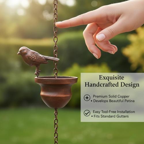 Metal Bird Rain Chain for Gutters, Rust Resistant Outdoor Rain Catcher, Perfect for Heavy Rain, Indoor/Outdoor Decoration, Dark Bronze Finish