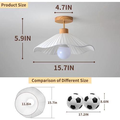 Flower Ceiling Light for Hallway,Semi Flush Mount Ceiling Light with Fabric Shade,Modern Ceiling Light Fixture with Wooden Base for Bedroom, Porch, Entryway(15.7 Inch)