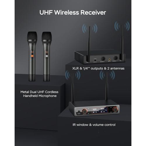 Wireless Microphones,Metal Dual Professional UHF Cordless Dynamic Wireless Microphone System for Church, DJ, Karaoke,Wedding, Home KTV Set,260Ft