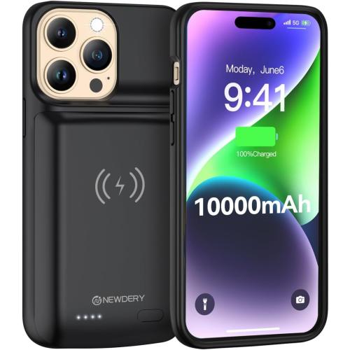 NEWDERY 10000mAh Battery Case for iPhone 14/14 Pro/13/13 Pro 6.1, Qi Wireless Charging & Wired Headset & Sync-Data Supported, Portable Protective Charger Cover (NOT for iPhone 14/13 Pro Max)