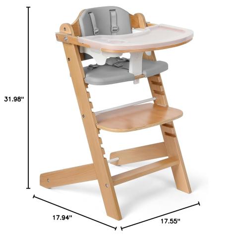Cowiewie 3-in-1 Convertible Natural Wooden High Chair for Babies & Toddlers 3-Tier Remove & 2 Adjustable Wood Tray & 8 Levels Adjustable, 2 Waterproof Cozy Cushions Grey