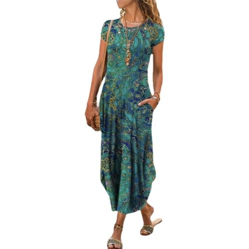 Summer XL Women's Floral Botanical Print Flowy Dress Crew Neck Short Sleeve Casual Beach Cover Ups Sundress with Pockets
