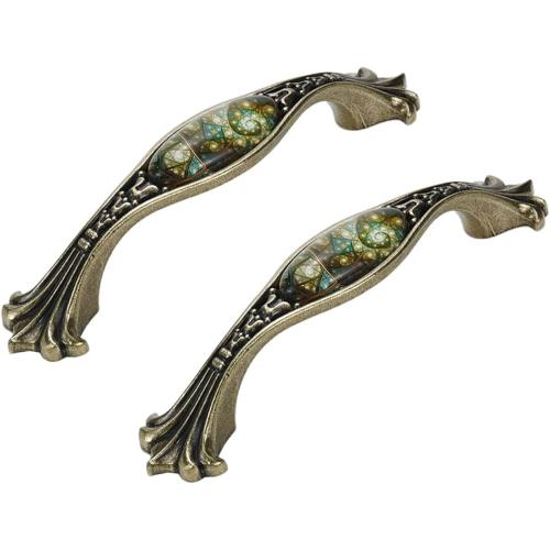 Wealrit 2 Pcs European Antique Drawer Pulls Bronze Arch Cabinet Pulls with Stained Glass Pattern Vintage Metal Dresser Handles Decorative Furniture Pulls 96mm Hole Center