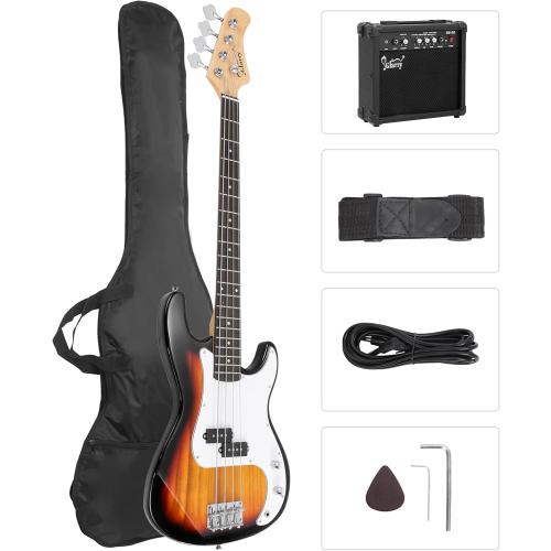 GLARRY Full Size Electric Bass Guitar Beginner Kit 4 String Exquisite Basswood Bass with 20W AMP, Cable, Strap, Bag and Accessories (Sunset, 39Right Handed)