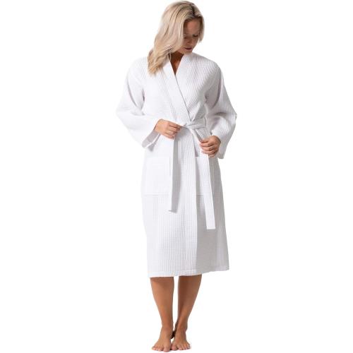 Turkish Linen Waffle Knit Lightweight Kimono Spa & Bath Robes for Women - Quick Dry - Soft size small & medium white