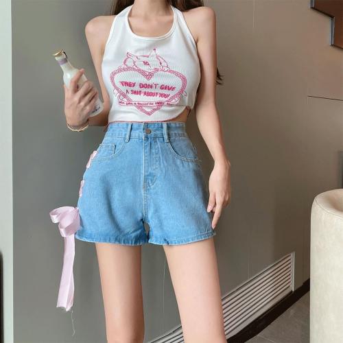 Size M...Y2K Clothes Casual High Waisted Wide Leg A-Line Vintage Pink Ribbon Trim Denim Shorts for Women