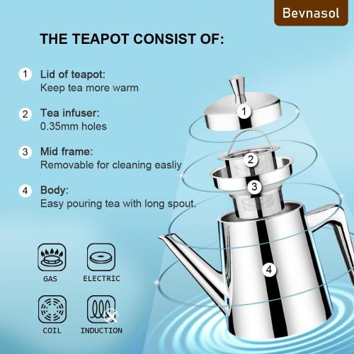 304 Stainless Steel Teapot Long Strain Large Capacity Teapot with Infuser and Removable Filter for Home Restaurant Office Dinnerware Accessories Drinkware Item (750ml)