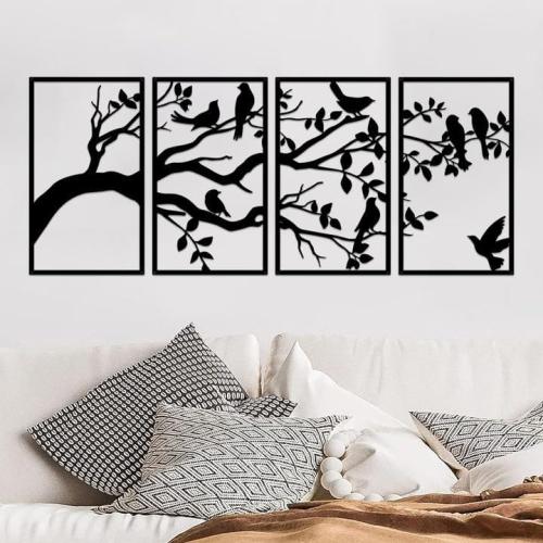 ruelen Wall Decor 4 Pieces Large Metal Birds and Branch Wall Art, Tree of Life Metal Wall Art, Black Leaves with Birds Silhouette Hanging Wall Sculpture For Indoor Home Bedroom Living Room Outdoor