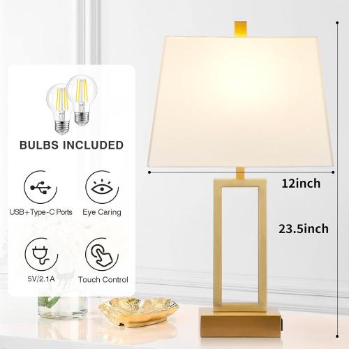 Touch Control Table Lamps Set of 2, Modern Gold Bedside Lamps with USB A C Ports & AC Outlet, 3 Way Dimmable Contemporary Nightstand Lamps for Bedroom Living Room(LED Bulb Included)