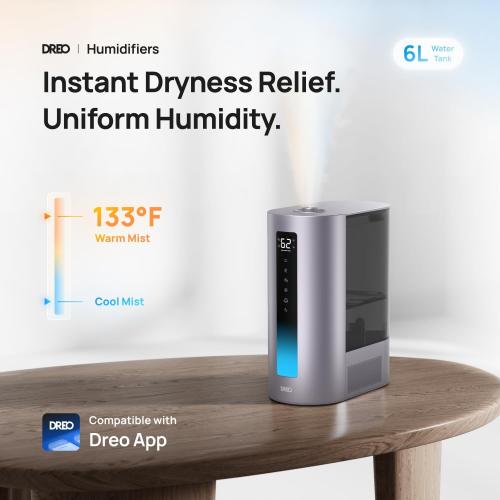 Dreo 6L Humidifiers for Bedroom, Smart Warm & Cool Mist for Large Room, 60Hr Quiet Runtime for Baby, Plant, Humidity Sensor, Indicator Light, 12H Timer, Google/Alexa, Purple