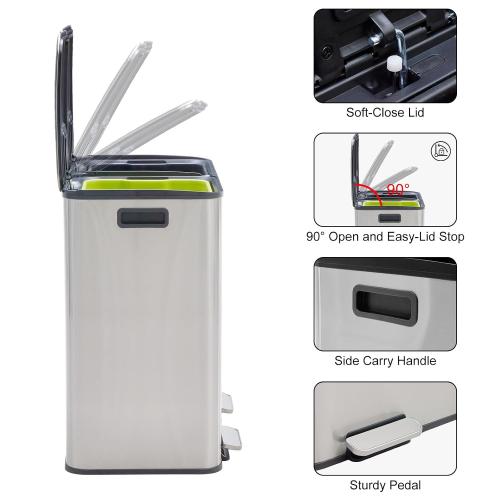 DUMOS 2 x 10.5 Gallon Kitchen Trash Can with Lid, Stainless Steel Garbage Can with Soft-Close Lid & Removable Inner Buckets, Dual Compartment Step-on Waste Bins for Kitchen, Home Office