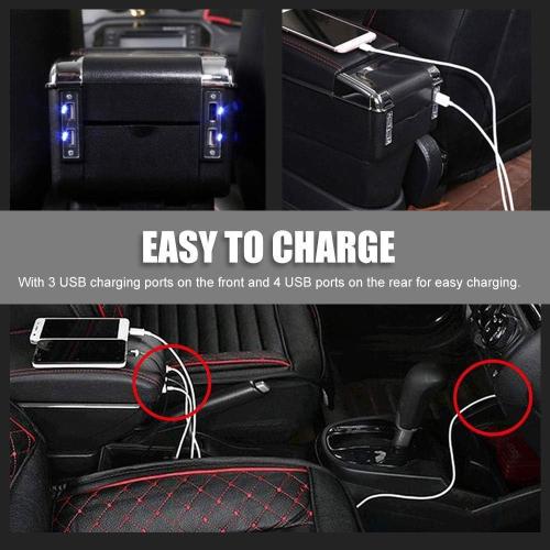 Armrest Box Double Layer Front Center Console Black Leather with Charging 7 USB Ports for Universal Car