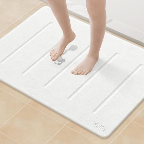 Yolife Stone Bath Mat Large, 32 x 20 Diatomaceous Earth Bath Mat for Bathroom, Super Absorbent Quick Drying Bathroom Stone Mat, Non-Slip Diatomite Shower Mat, Easy to Clean (White Grey)