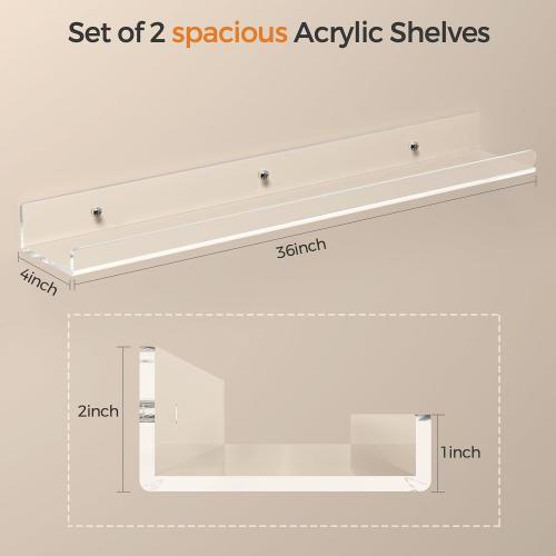 36 Inches Clear Acrylic Floating Shelves Wall, Bookshelf for Kids, Nursery Book Shelves, Magazine Rack, Picture Ledge Shelf for Photo Frames Vinyl Records, Pack of 8