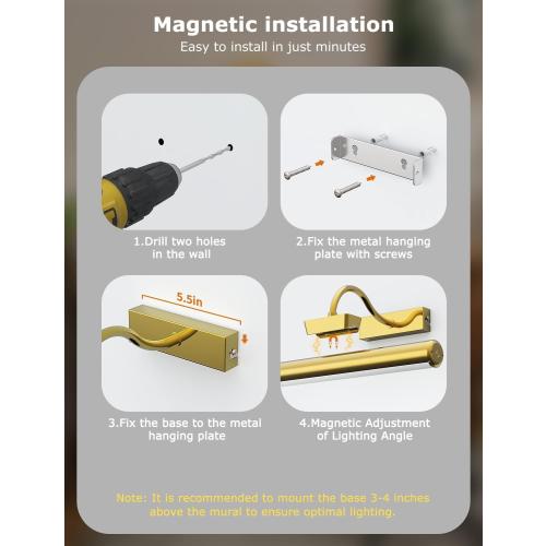 Picture Light Battery Operated, 13in Wireless Art Light for Paintings, Dimmable 5000mAh Recharging Battery Picture Light with Remote Control for Wall, Gallery Dartboard Art Bedroom (Gold-2Pack)