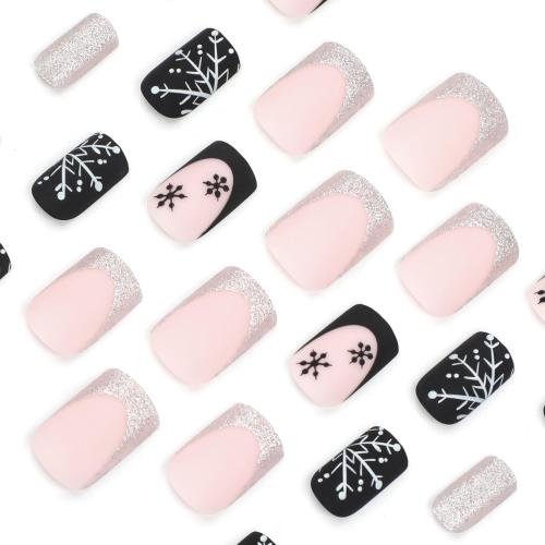 Square Snowflake Press on Nails Short Christmas Fake Nails Black & Sliver French Tip Acrylic Nails with Designs, Full Cover Stick on Nails Winter Artificial False Nails Cute Glue on Nails for Women