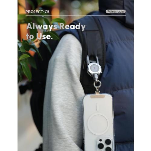 Retractable Reel with Phone Tether Tabs, Magnetic Aluminum Cord Reel for Phone & Pocket 3, Outdoor Gear, ID Badge, Key Holder (Silver)