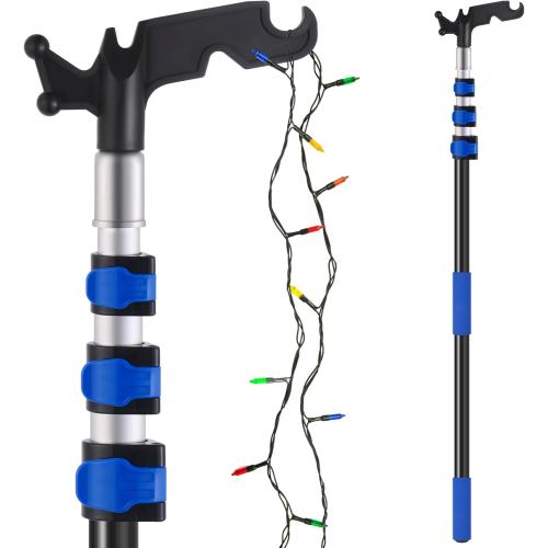 Ladderless Telescopic Poles for Hanging Christmas Lights, 3.8-12 FT Long Extension Pole with Utility Hook, Outdoor String Light Installation Tool, Extend a Reach Rod Kit